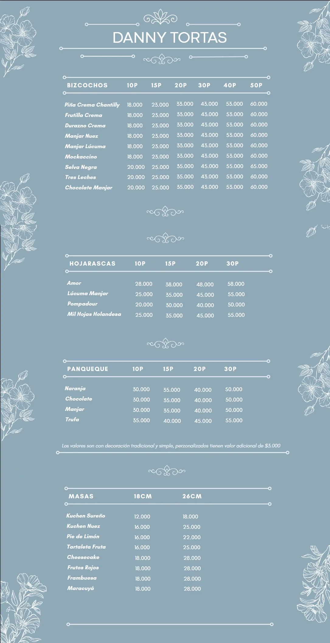Carta de sabores y precios de Danny Tortas